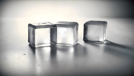 Three ice cubes on a reflective surface. Shallow depth of field. Toned.の素材