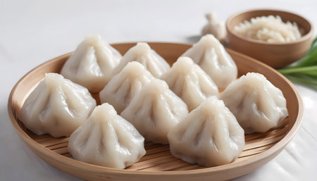 Chinese steamed dumplings in bamboo sieve on white backgroundの素材