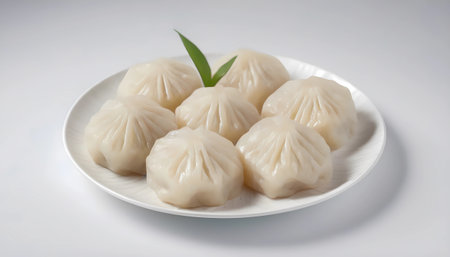 Steamed dumplings on white plate isolated on white background.の素材