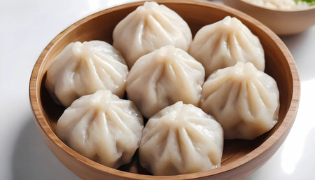Bowl with tasty steamed dumplings on table, closeupの素材