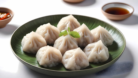 Plate with tasty dumplings on white background, closeupの素材