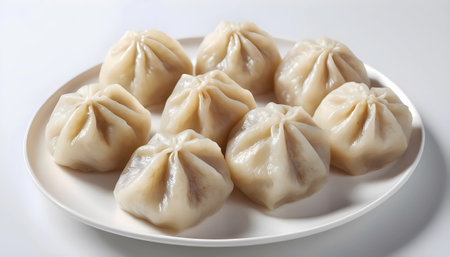 Boiled dumplings on a white plate on a white backgroundの素材