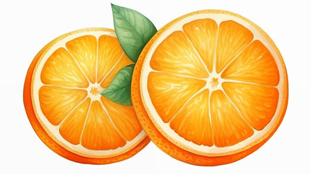Illustration of a slice of orange with leaves on a white backgroundの素材