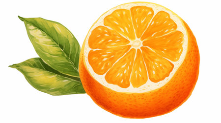 Fresh orange fruit with leaves isolated on white background. Watercolor illustration.の素材
