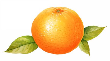 Illustration of a ripe orange with leaves on a white background.の素材