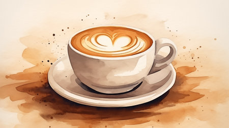 Cup of coffee with latte art on watercolor background.の素材