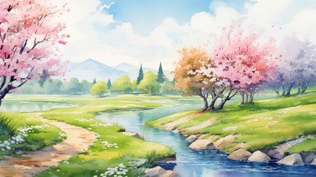 Watercolor spring landscape with blooming trees and river. Digital art painting.の素材