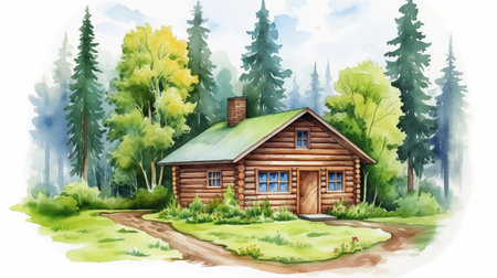 Wooden house in the forest. Watercolor painting. Illustrationの素材