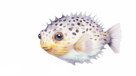 Watercolor illustration of a pufferfish isolated on white background.の素材