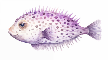 Watercolor illustration of a pufferfish on a white background.の素材