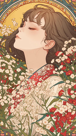 Beautiful girl with flowers in her hair. Vector illustration in retro style.の素材
