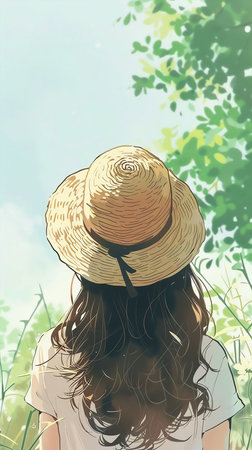 Illustration of a young woman in straw hat looking at the skyの素材