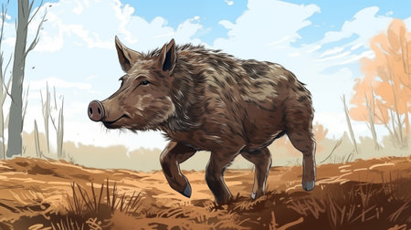 Wild boar in the autumn forest. Vector illustration of a wild boar.の素材