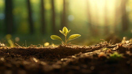 Young green sprout growing from soil in the forest. Ecology conceptの素材