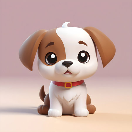 Cute puppy dog with red collar, 3d render, illustrationの素材