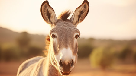 Portrait of a cute donkey in the field at sunset, close upの素材