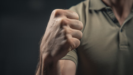 Close up of a man's fist on dark background. Selective focus.の素材