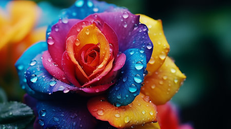 Raindrops on multicolored rose flower, close-up.の素材