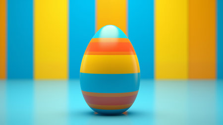 3d render of easter egg on blue and yellow background.の素材