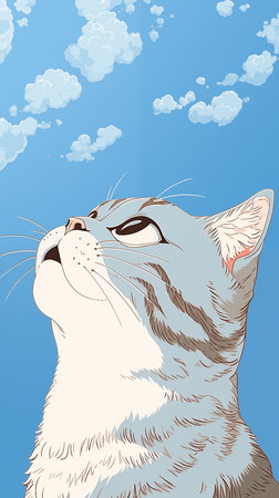 Illustration of a cat with a blue sky and clouds in the backgroundの素材