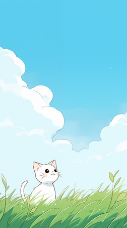 Illustration of a cat sitting in the grass with blue sky backgroundの素材