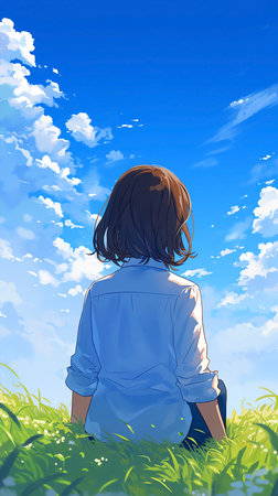 Girl sitting on the grass and looking at the blue sky with cloudsの素材