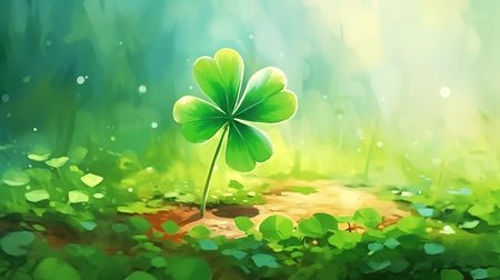Illustration of green clover leaf in the forest with bokeh backgroundの素材