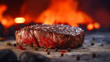 Grilled beef steak with spices and fire on background, closeupの素材