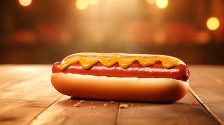 Hot dog with mustard on a wooden table with a blurred background.の素材
