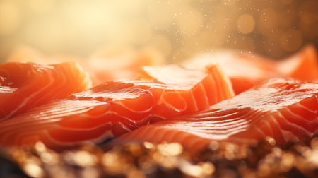 Salmon sashimi on a golden bokeh background.の素材