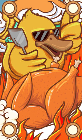 Cartoon Illustration of Cute Duck Bird with Sunglasses on Fire Backgroundの写真素材
