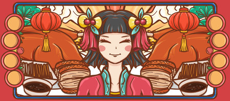 Illustration of a Chinese Girl Wearing Traditional Costume Celebrating New Yearの写真素材