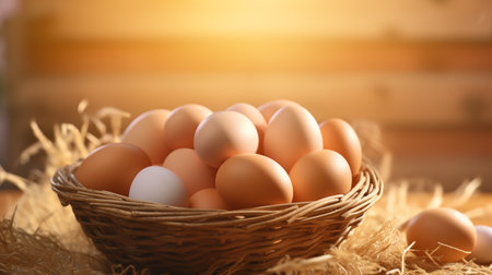 Basket with fresh chicken eggs on wooden table, closeup viewの素材