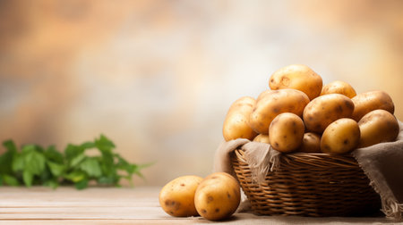 Fresh potatoes in a basket on a wooden table. Selective focus.の素材