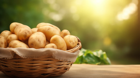 Fresh potatoes in a basket on wooden table with green bokeh backgroundの素材