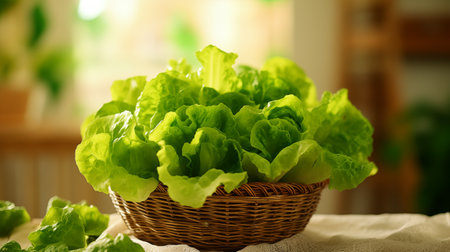 Fresh green lettuce in a wicker basket on a light background.の素材