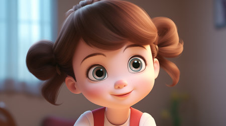 3d illustration of a cartoon girl with her hair in a bunの素材