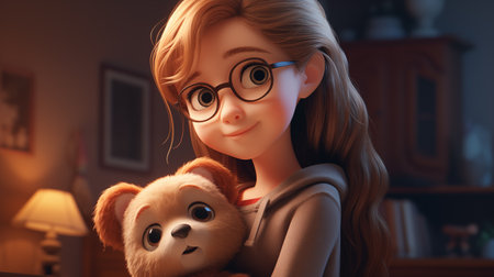 Cute little girl in glasses with teddy bear at home.の素材
