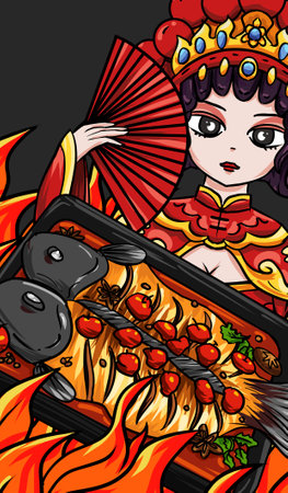 Original hand drawn cartoon delicious grilled fish illustration poster materialの写真素材