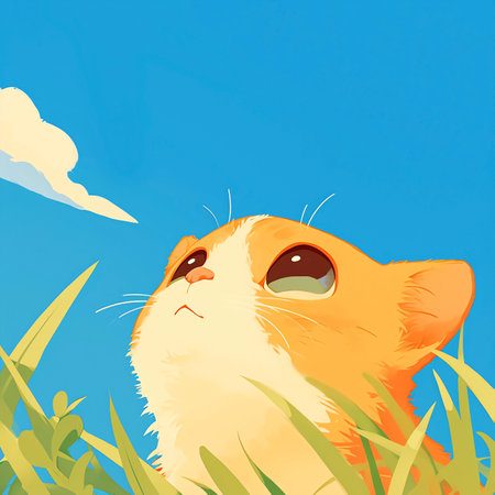 Cute cat in the grass against the blue sky. Vector illustration.の素材