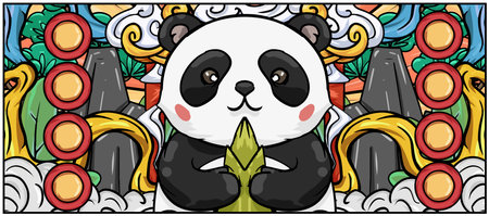 Original hand drawn cartoon panda illustration poster materialの写真素材