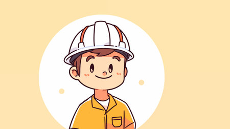 Smiling boy in hardhat and safety helmet. Vector illustration.の素材