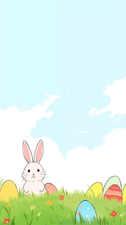Illustration of Easter bunny and eggs on a green meadow.の素材