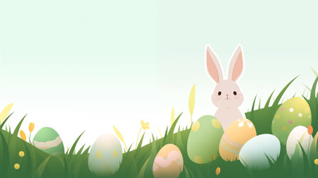 Easter bunny with eggs on green grass background. Vector illustration.の素材