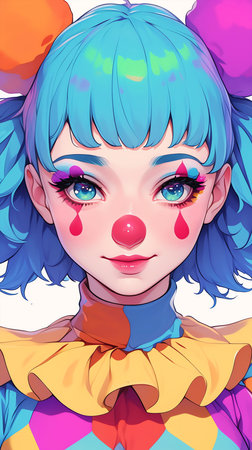Illustration of a cute cartoon clown girl with bright blue hair.の素材
