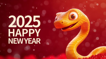 Happy New Year 2025. Cute cartoon snake on a red background.