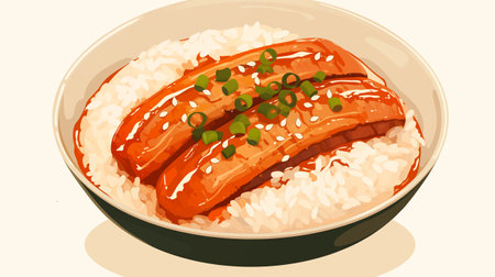 Illustration of a Japanese Sausage with Rice on a Plateの写真素材