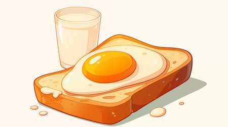 Illustration of a fried egg on toast and a glass of milkの写真素材