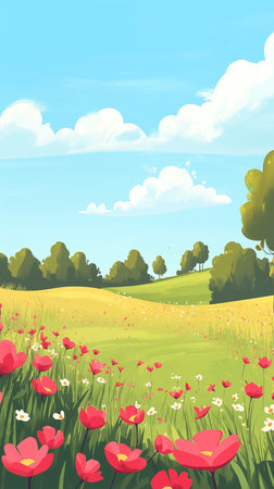Summer landscape with meadow and poppies. Vector illustration.の写真素材