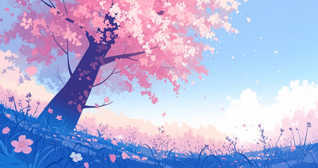 Spring cherry blossom background with blue sky and clouds, vector illustrationの写真素材